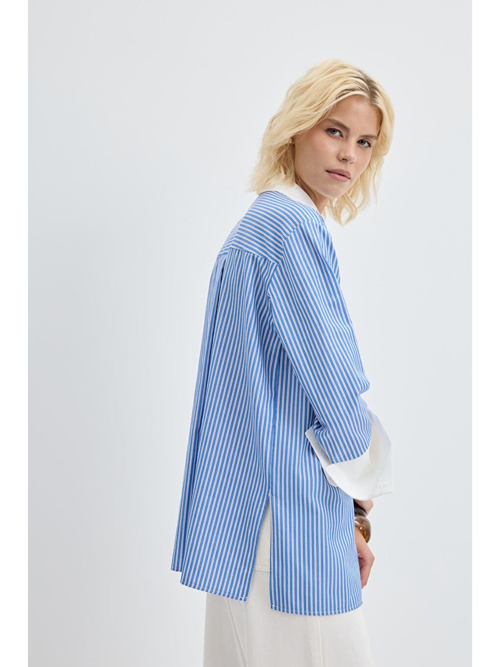 Geniş Manşetli Çizgili Gömlek Mavi-3