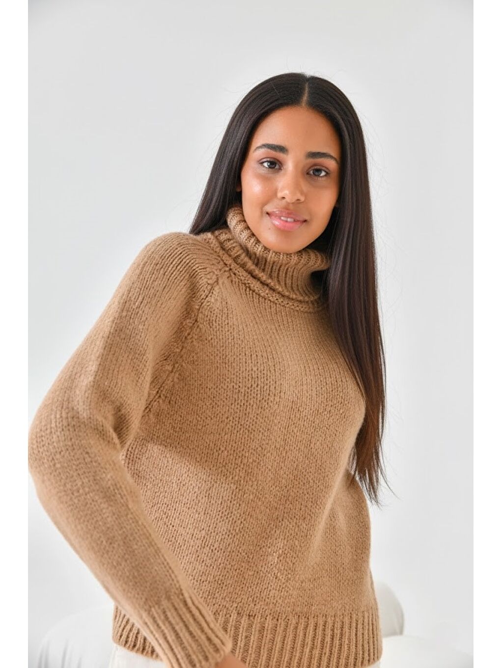 Kahverengi Kadın Balıkçı Yaka Kaşkorse Triko Kazak-4