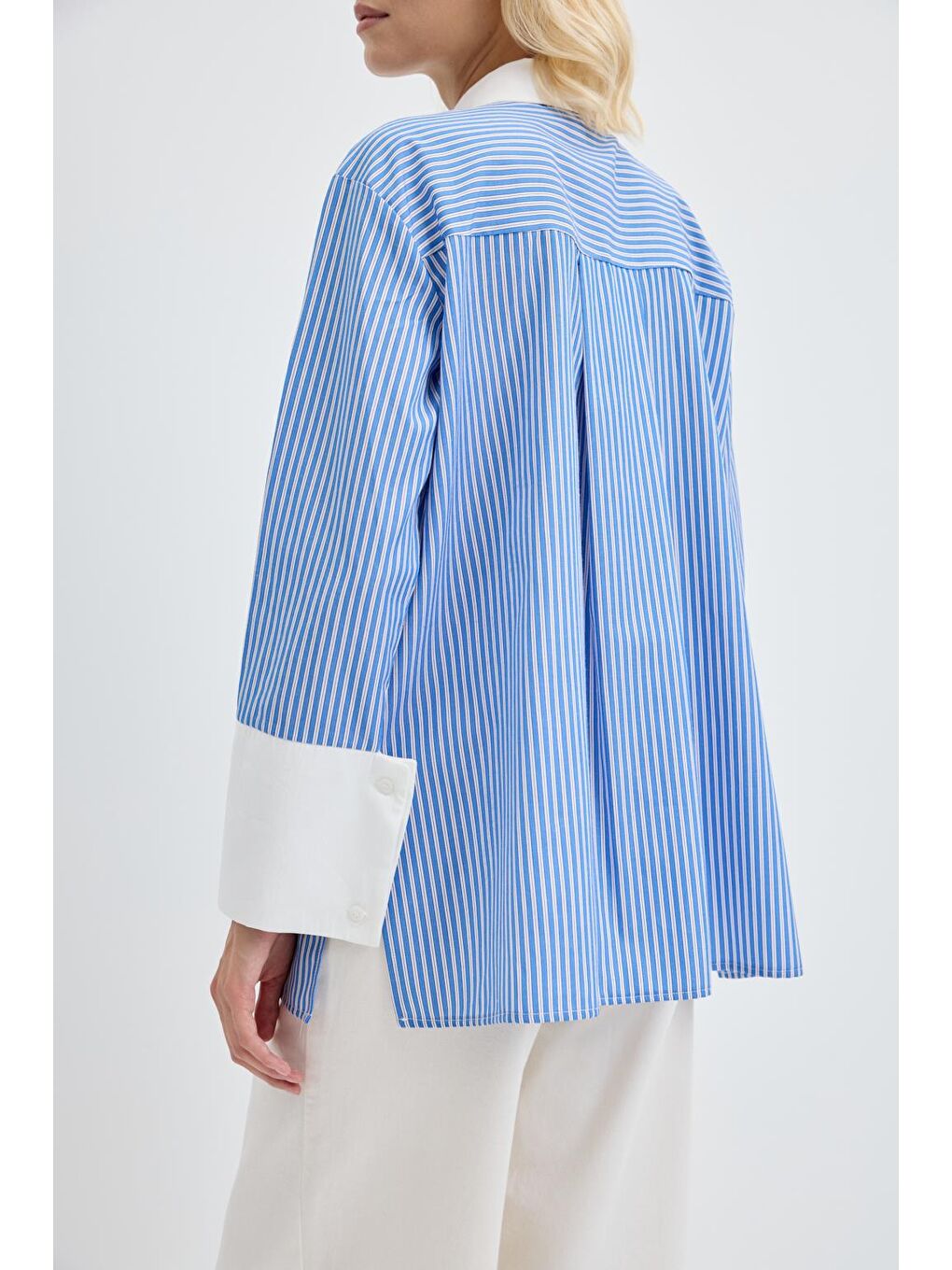 Geniş Manşetli Çizgili Gömlek Mavi-4