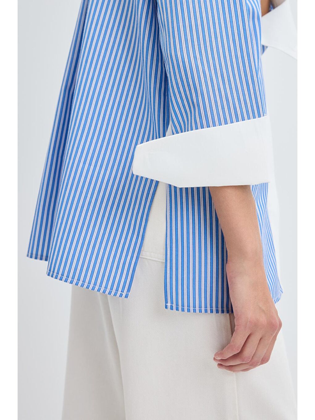 Geniş Manşetli Çizgili Gömlek Mavi-5