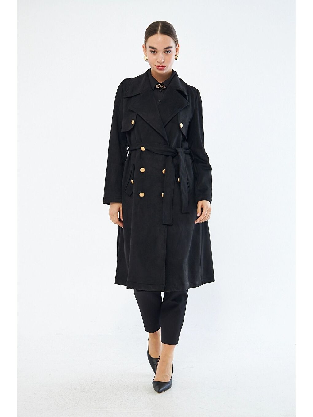 Süet Dokulu Siyah Trençkot-1