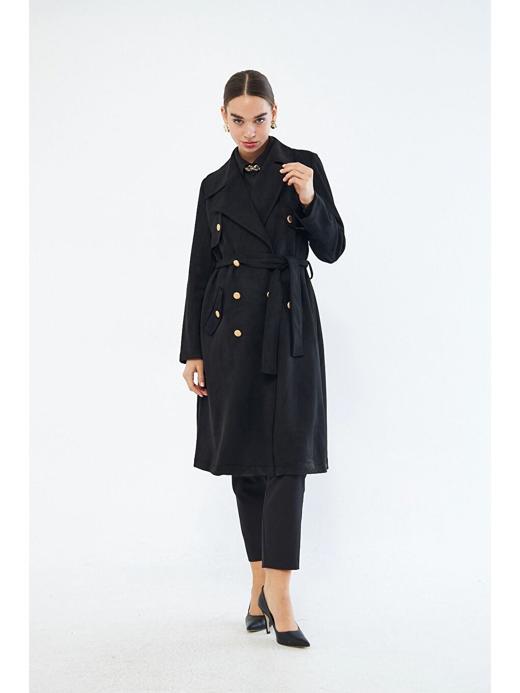 Süet Dokulu Siyah Trençkot-3