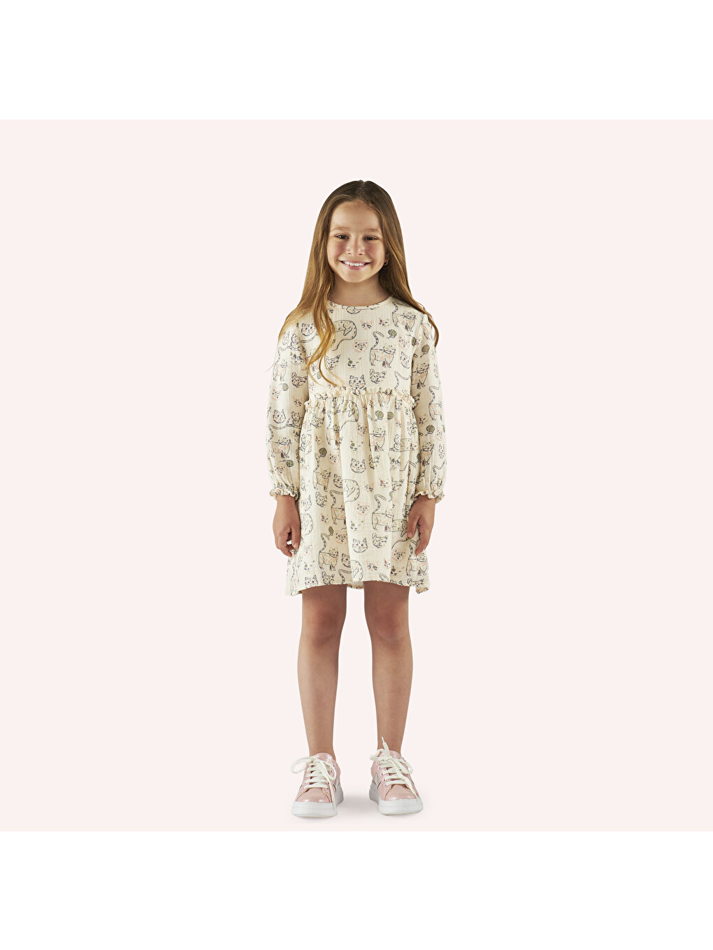 Ekru Kız Çocuk Kedi Desenli Müslin Elbise-4
