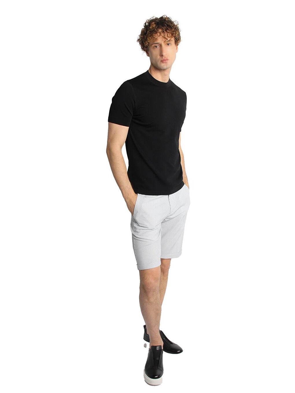 Siyah Dar Kalıp Bisiklet Yaka Düz Kısa Kollu Triko Tişört-3