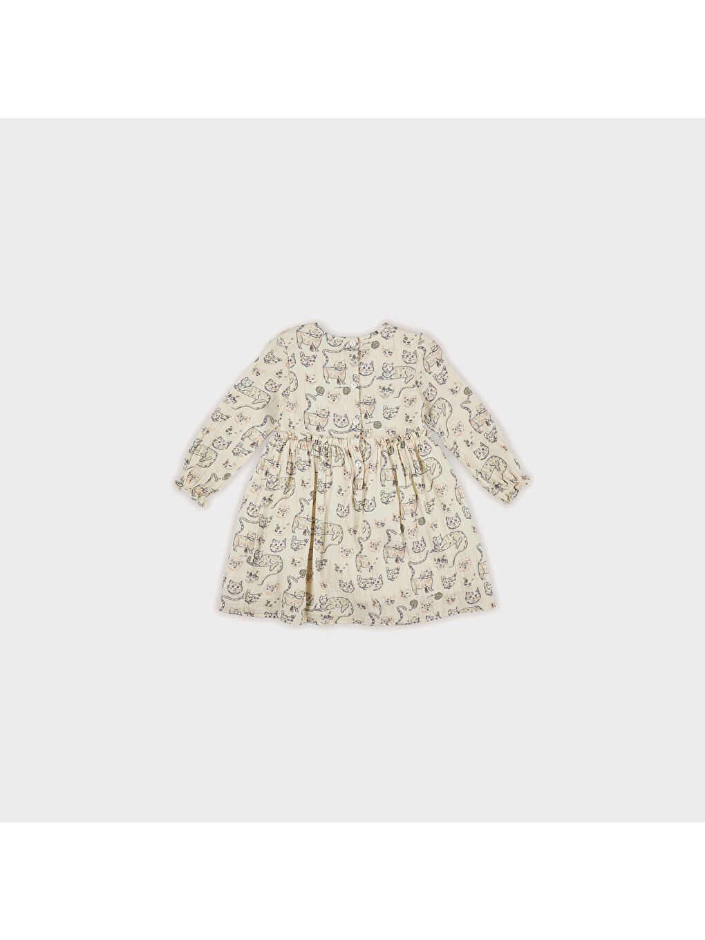 Ekru Kız Çocuk Kedi Desenli Müslin Elbise-5