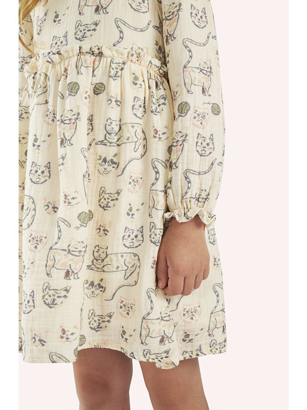 Ekru Kız Çocuk Kedi Desenli Müslin Elbise-6