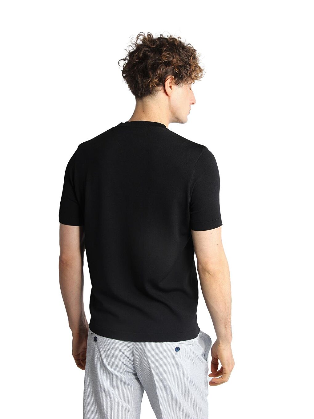 Siyah Dar Kalıp Bisiklet Yaka Düz Kısa Kollu Triko Tişört-5