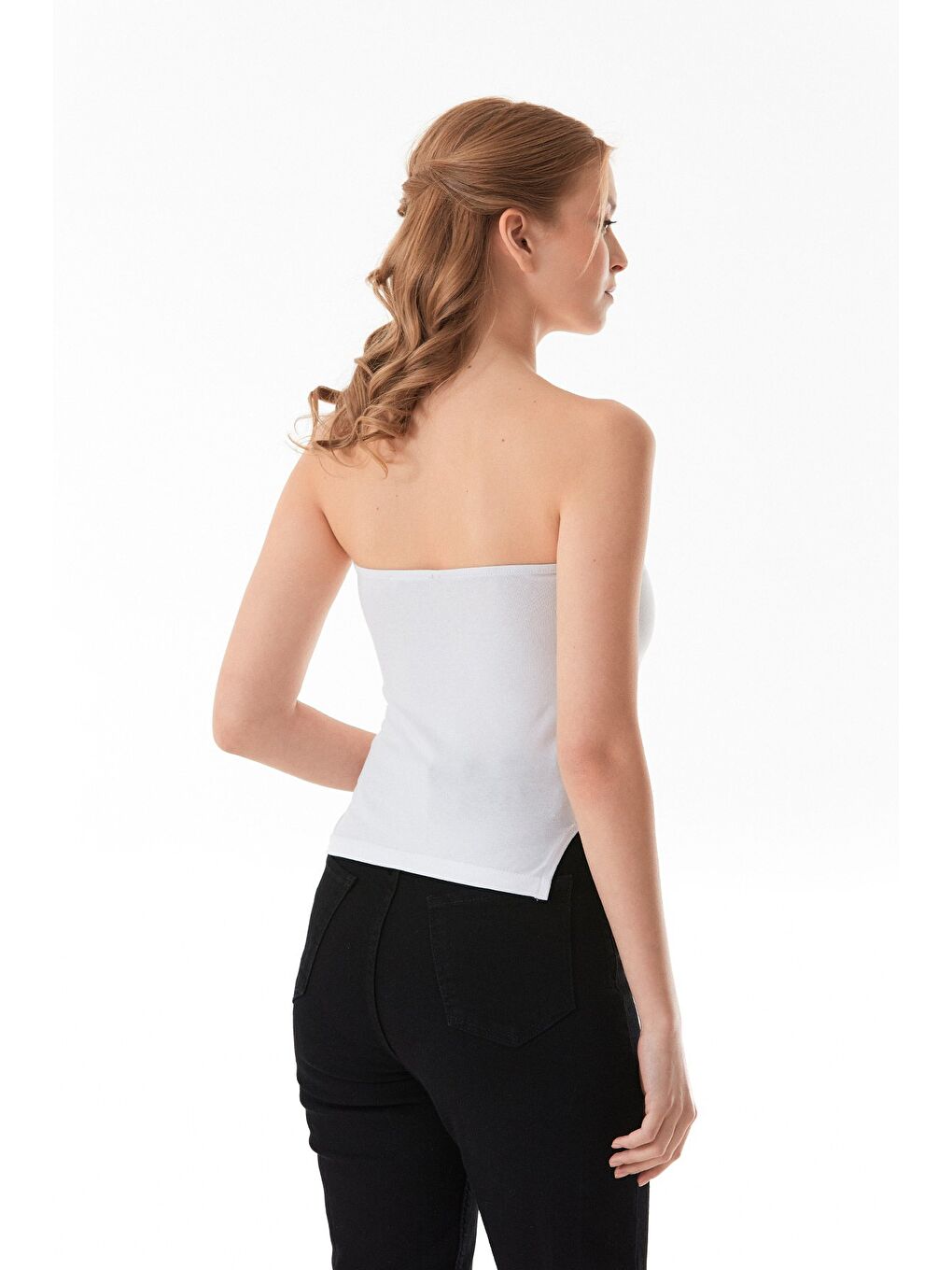 Beyaz Basic Yanları Yırtmaçlı Straplez Büstiyer-2