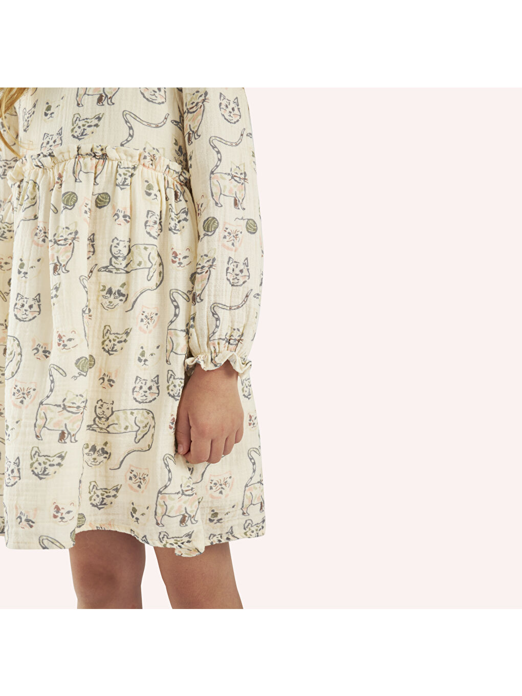 Ekru Kız Çocuk Kedi Desenli Müslin Elbise-7