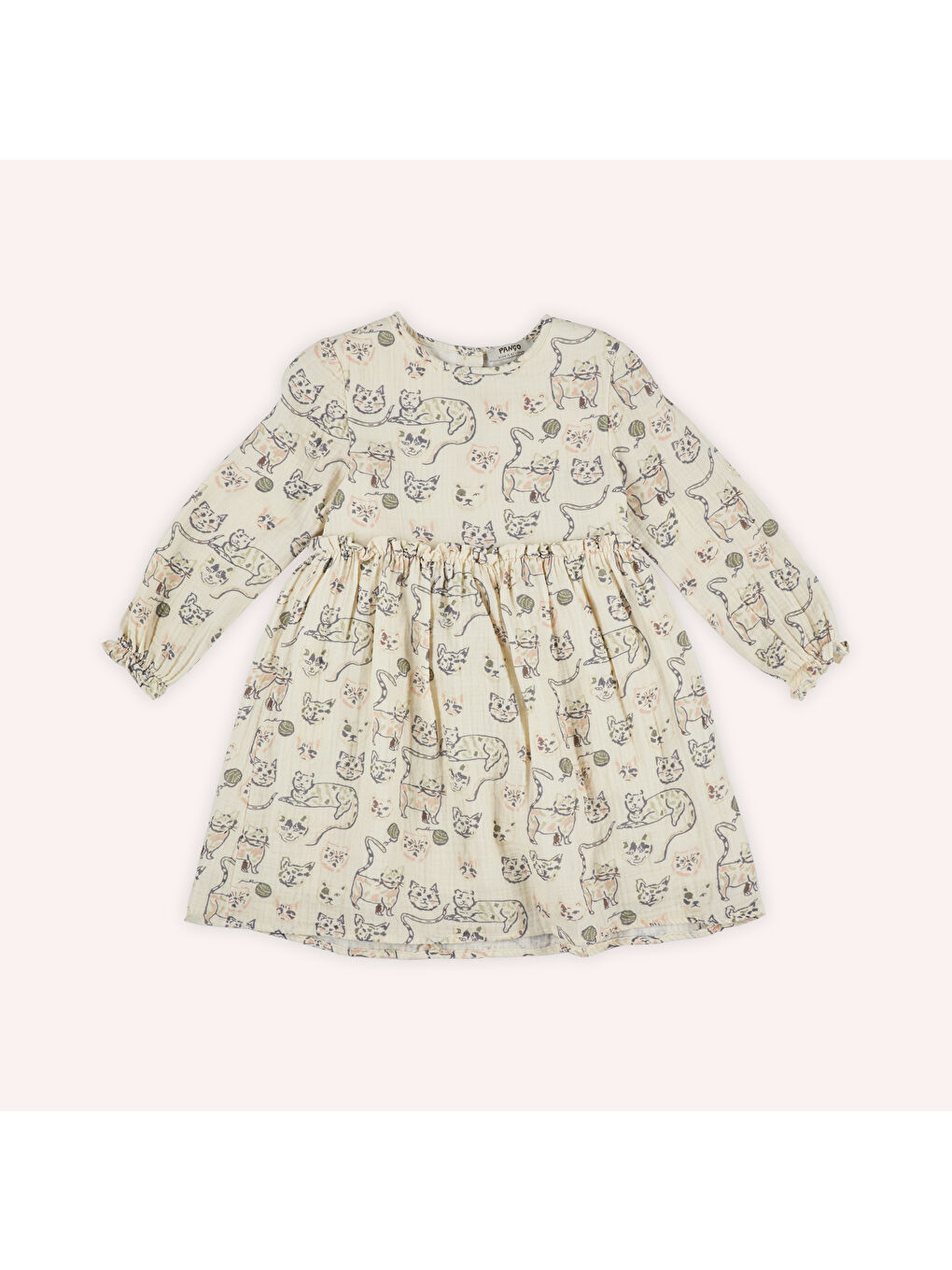 Ekru Kız Çocuk Kedi Desenli Müslin Elbise-8