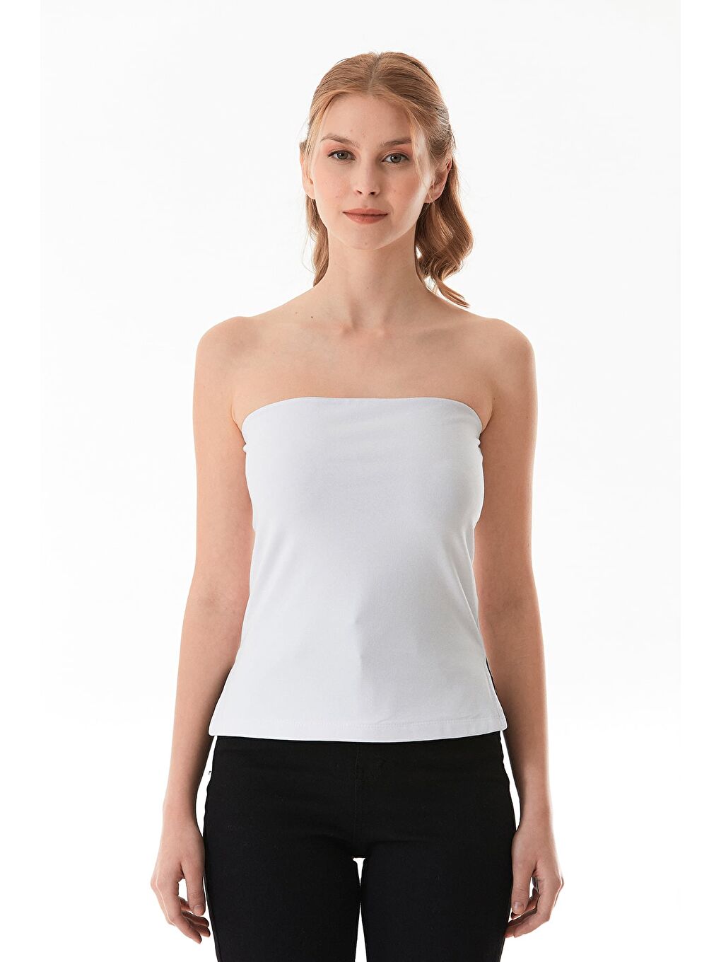 Beyaz Basic Yanları Yırtmaçlı Straplez Büstiyer-4