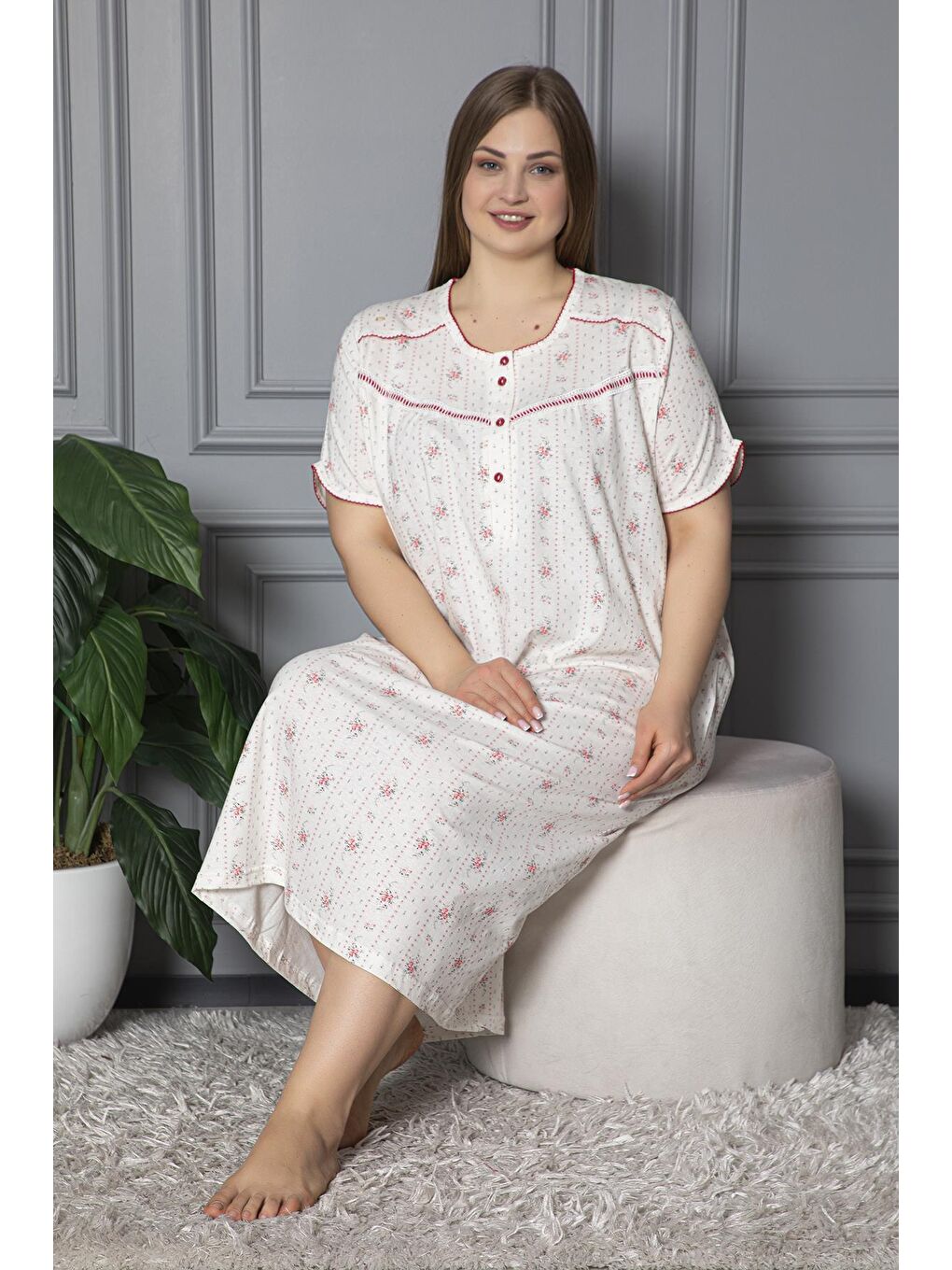 Kırmızı %100 Pamuklu Penye Kısa Kollu Büyük Beden Anne Geceliği 140-1