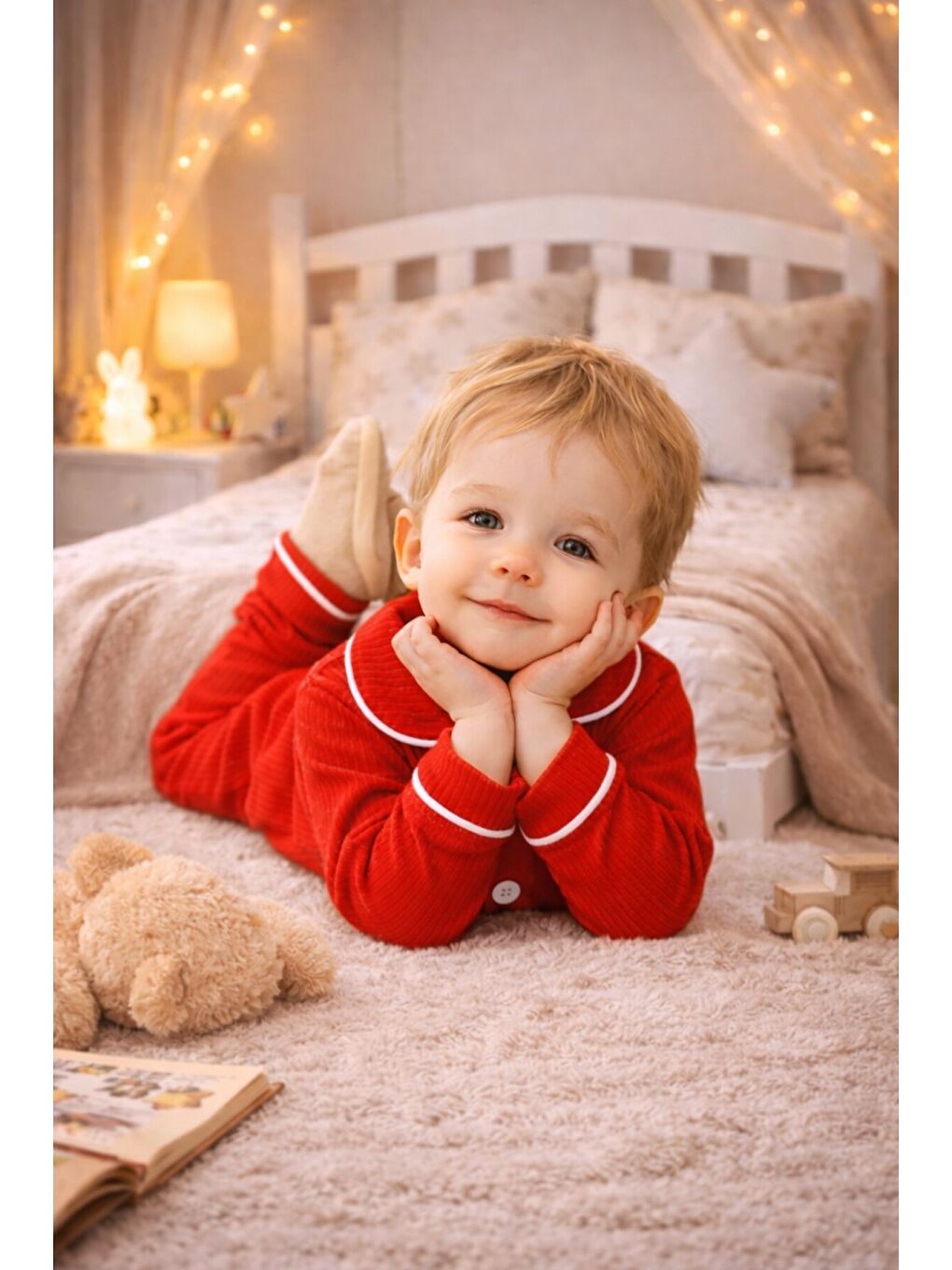 Kırmızı Bebek Düğmeli Pijama Takımı Yumuşak Kumaş Uzun Kollu-1