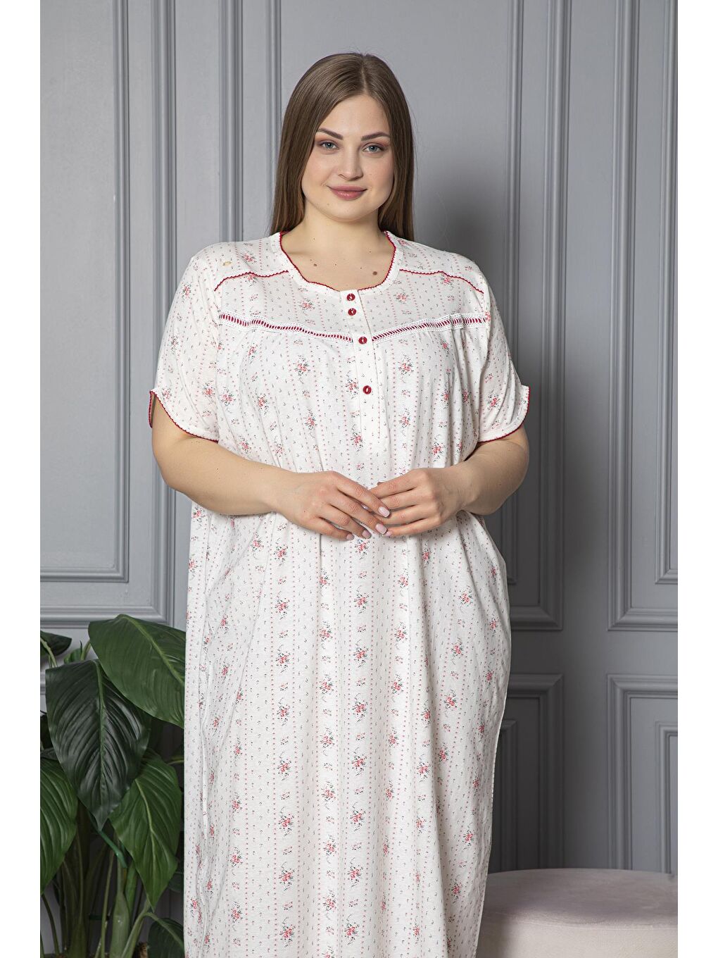 Kırmızı %100 Pamuklu Penye Kısa Kollu Büyük Beden Anne Geceliği 140-2