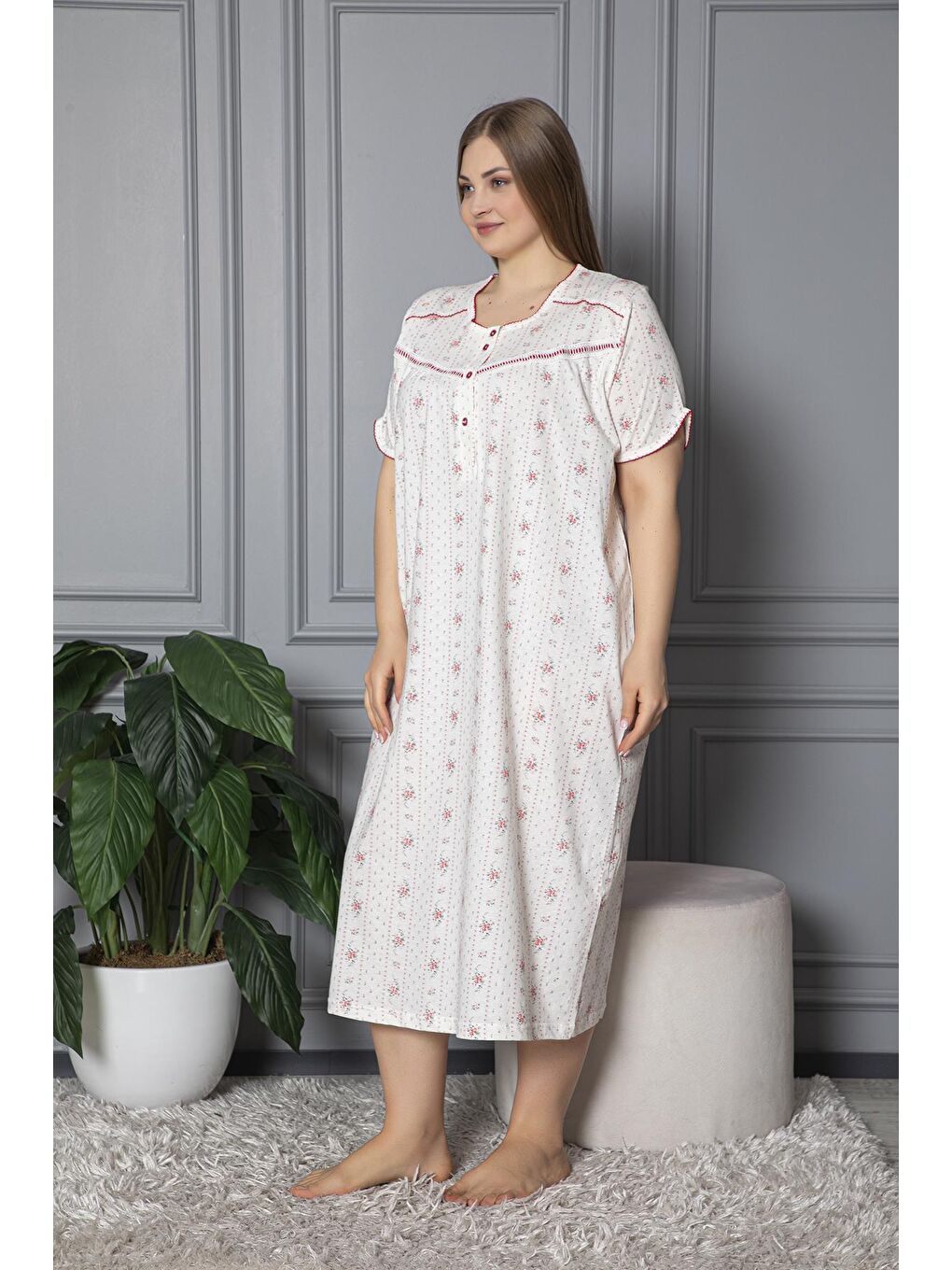 Kırmızı %100 Pamuklu Penye Kısa Kollu Büyük Beden Anne Geceliği 140-3