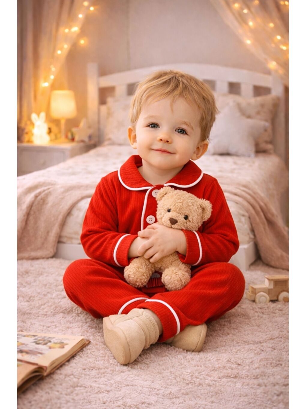 Kırmızı Bebek Düğmeli Pijama Takımı Yumuşak Kumaş Uzun Kollu-2