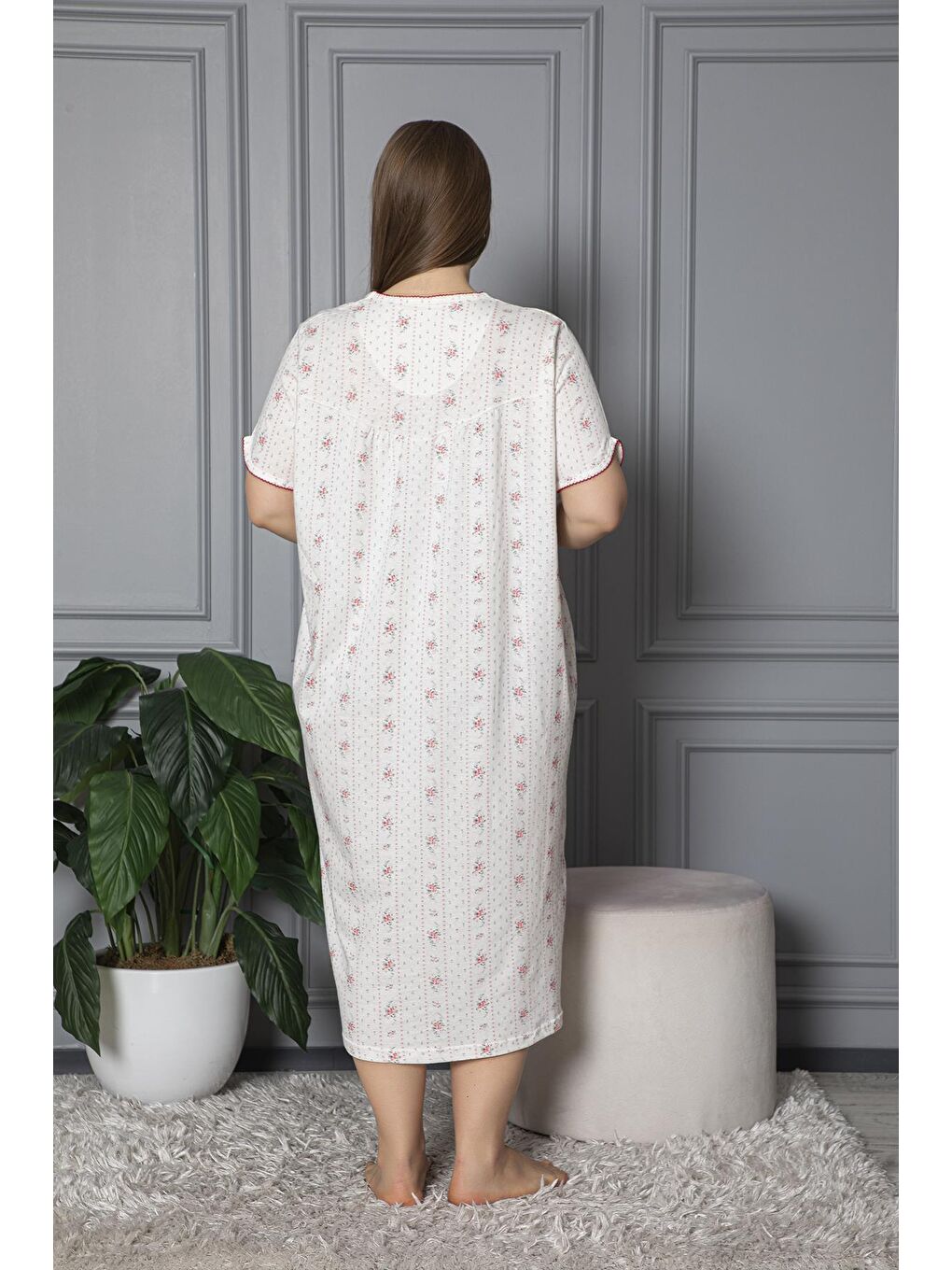 Kırmızı %100 Pamuklu Penye Kısa Kollu Büyük Beden Anne Geceliği 140-4