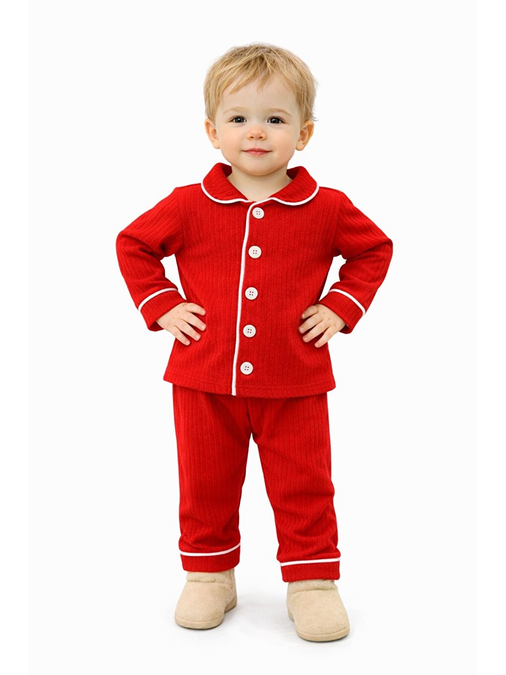 Kırmızı Bebek Düğmeli Pijama Takımı Yumuşak Kumaş Uzun Kollu-3