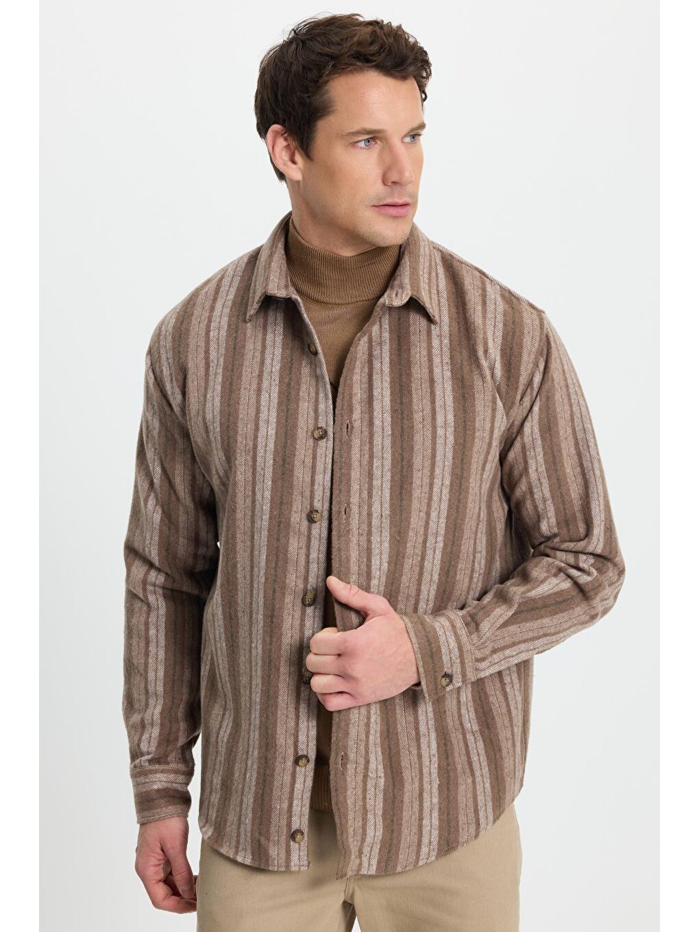 Kahverengi Erkek Relax Fit Rahat Kesim Spor Yaka Çizgili Oduncu Gömlek