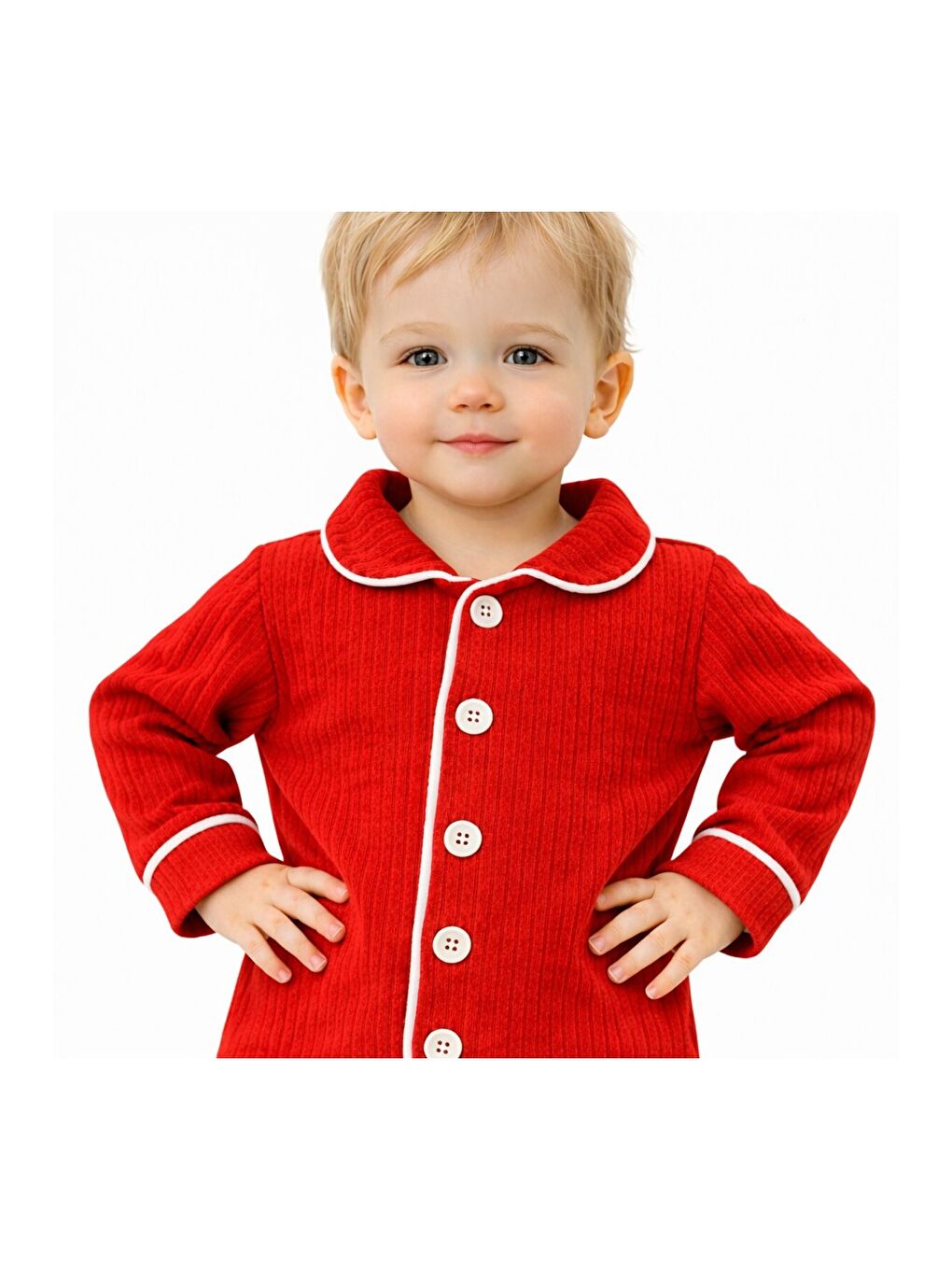 Kırmızı Bebek Düğmeli Pijama Takımı Yumuşak Kumaş Uzun Kollu-4
