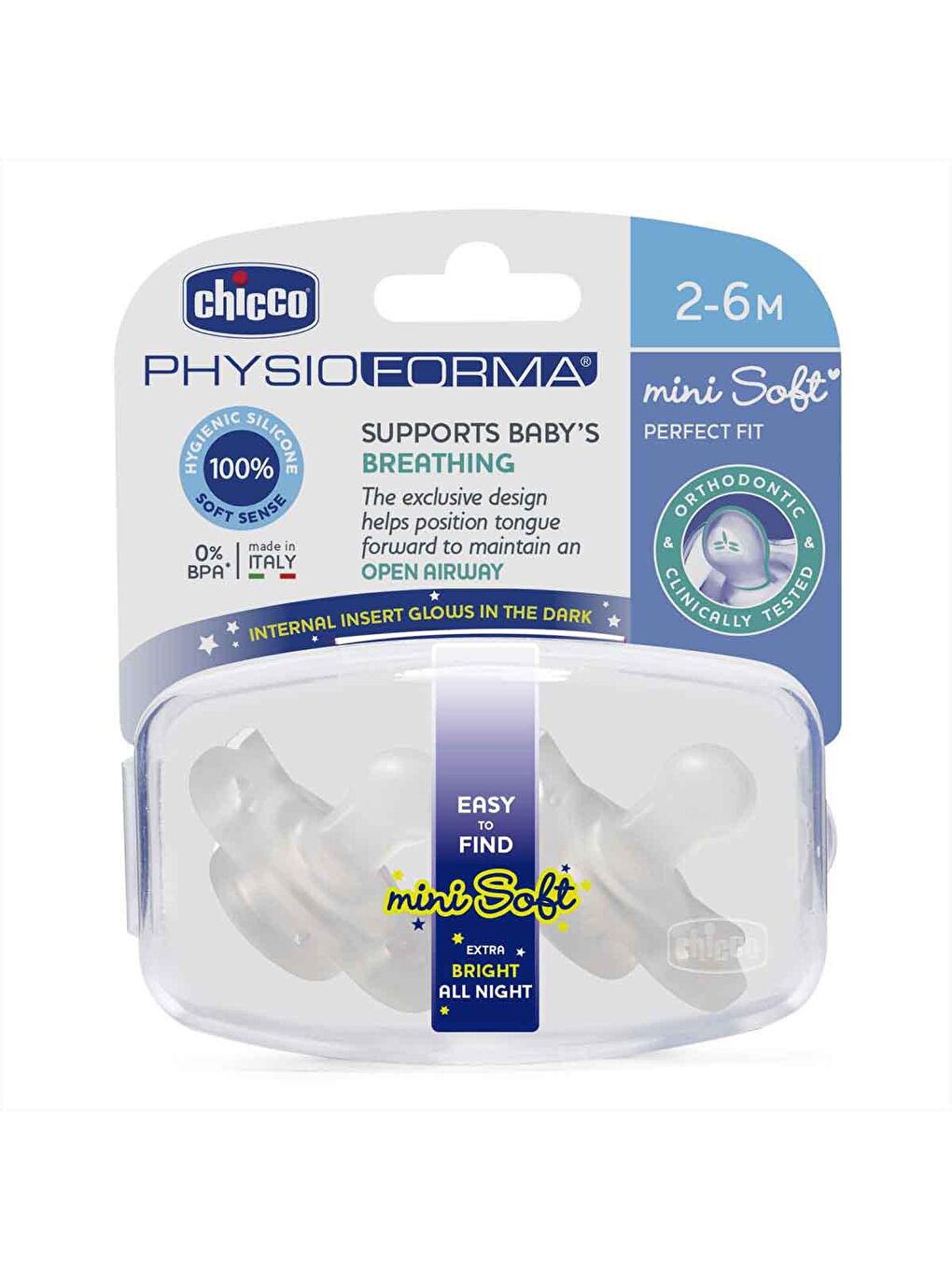 Chicco Renksiz Gece Parlayan PhysioForma Mini Soft Emzik 2-6 Ay 2 li - 1