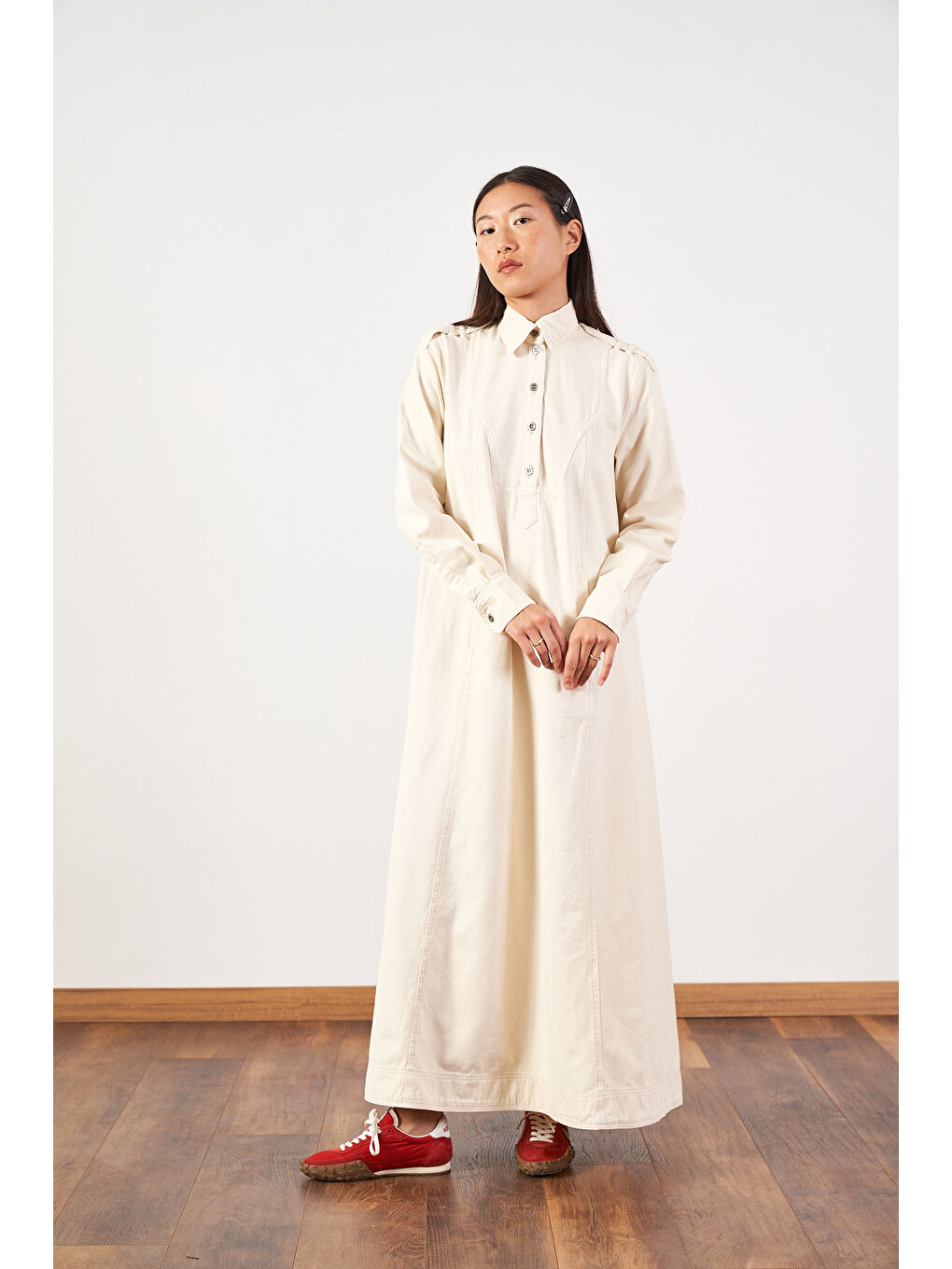 Oversize Kuşaklı Yaka Düğmeli Uzun Denim Elbise Ekru-2