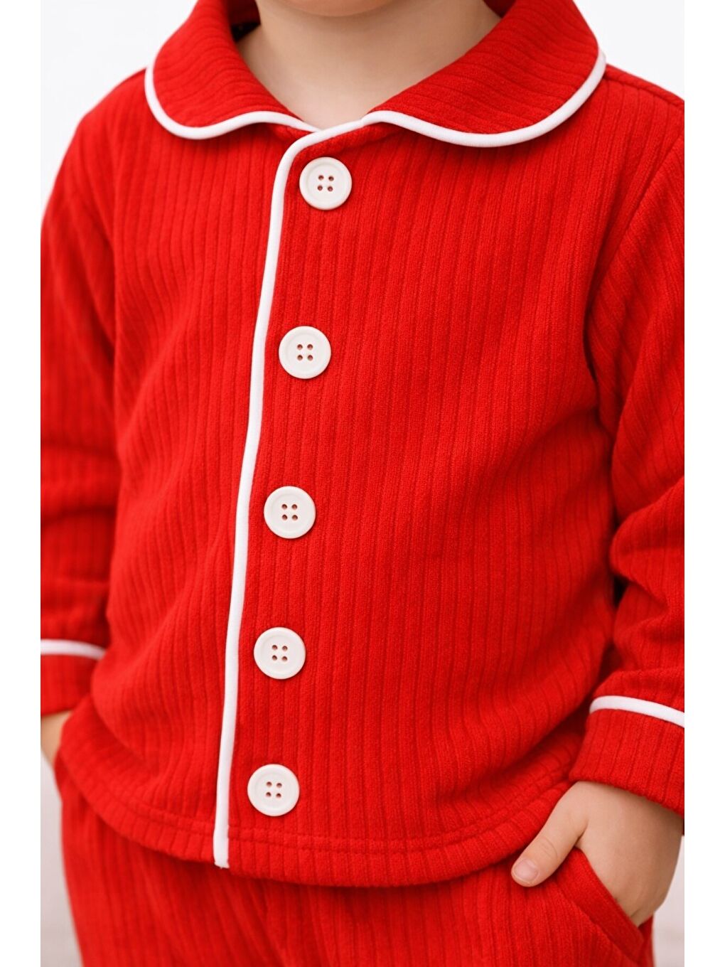 Kırmızı Bebek Düğmeli Pijama Takımı Yumuşak Kumaş Uzun Kollu-5