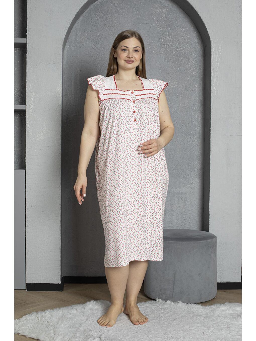 Kırmızı Düğmeli Yaka Kolsuz %100 Pamuklu Penye Büyük Beden Anne Geceliği 600-1