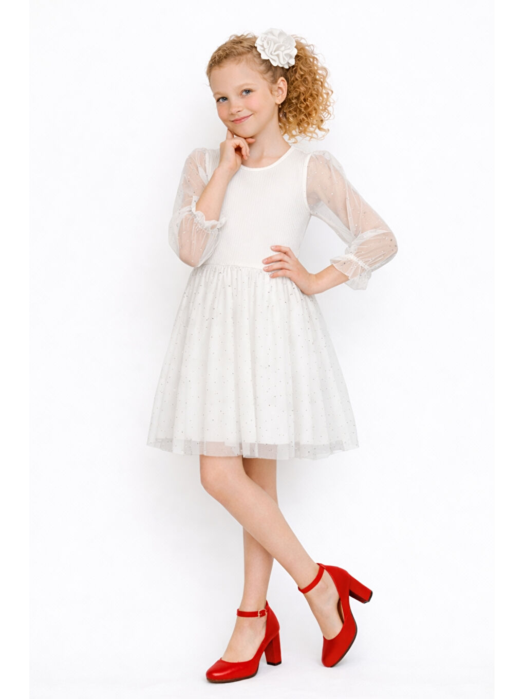 Beyaz Kız Çocuk Tül Detaylı Taş İşlemeli Prenses Model Tokalı Özel Abiye Elbise Ak2602