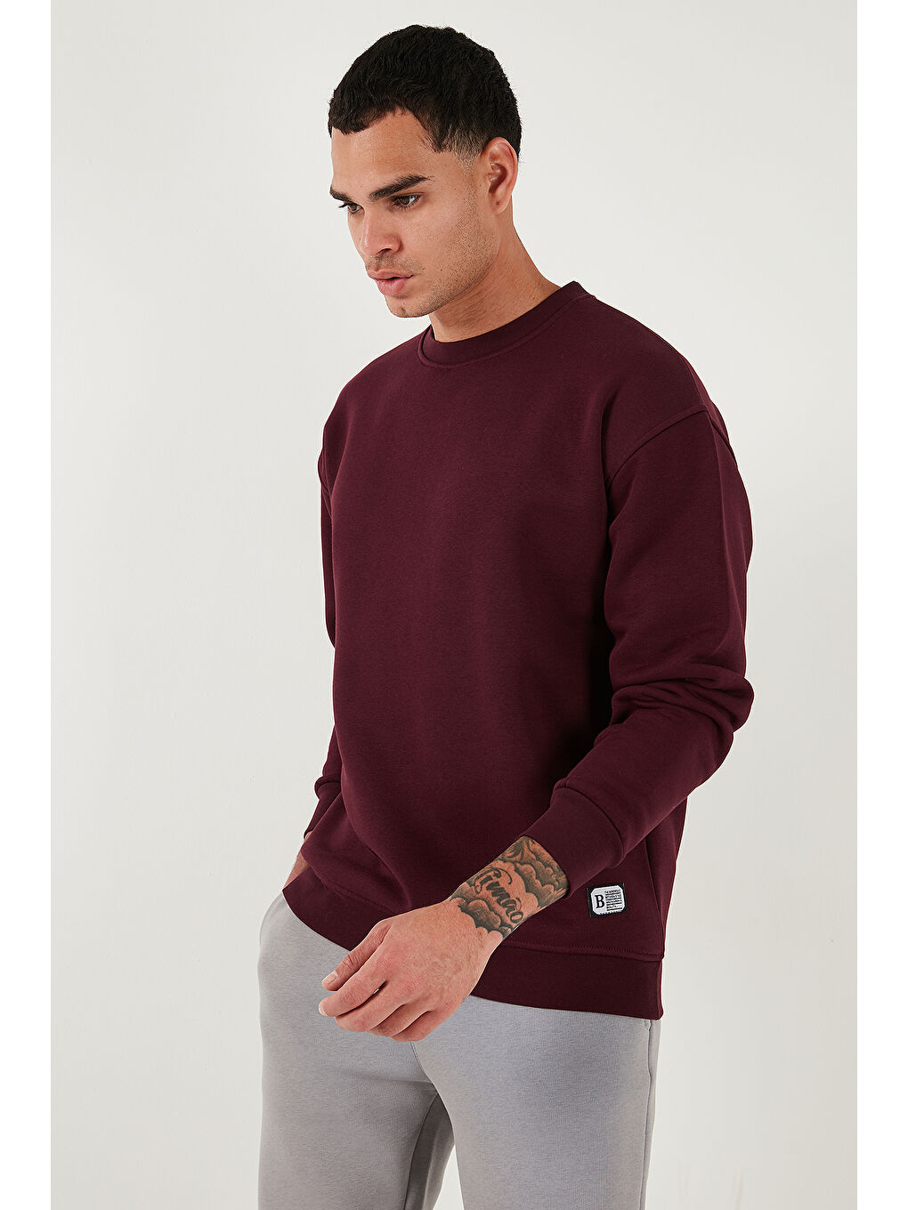 Kırmızı Regular Fit Bisiklet Yaka Pamuklu İçi Tüylü Yumuşak Şardonlu Erkek Sweat 5905255-3