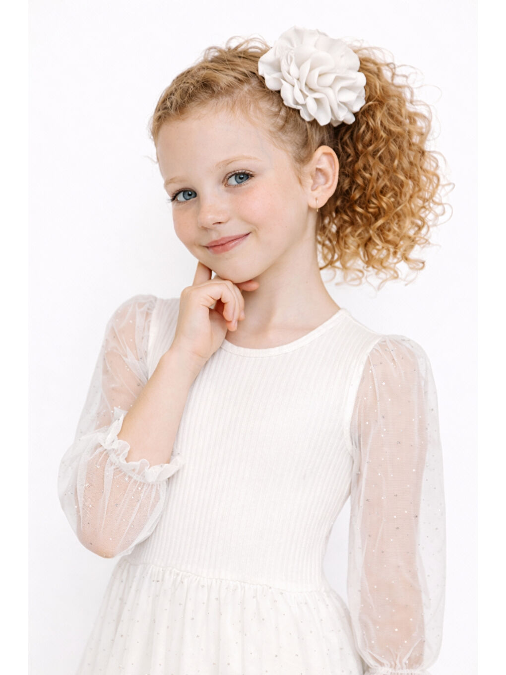 Beyaz Kız Çocuk Tül Detaylı Taş İşlemeli Prenses Model Tokalı Özel Abiye Elbise Ak2602-2