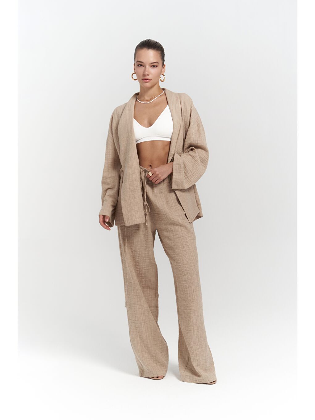 Anya Bej Kimono Pantolon Takım-3