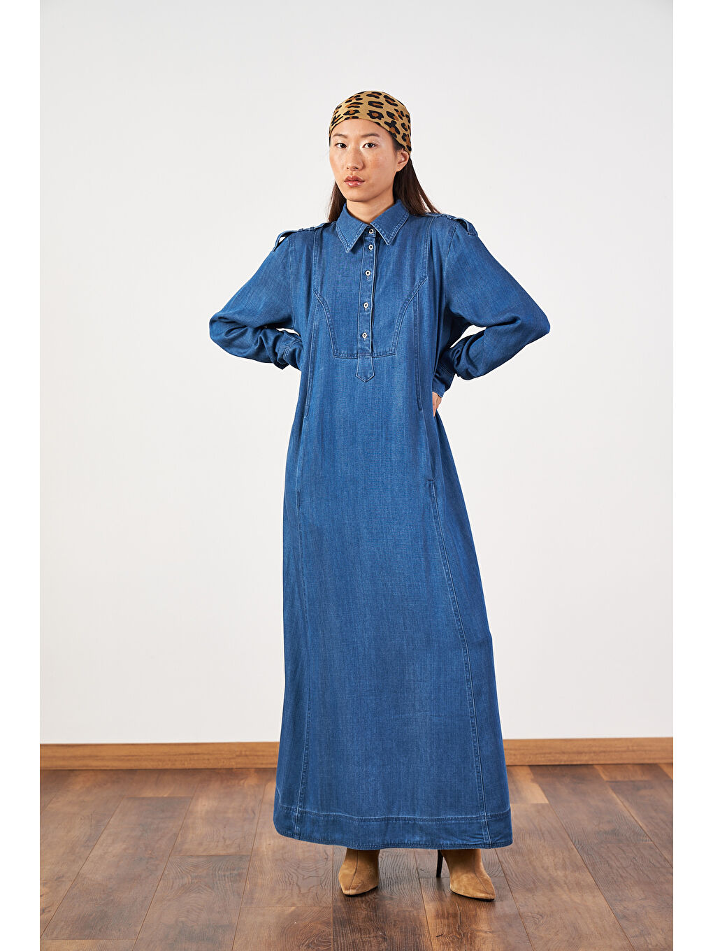 Oversize Kuşaklı Yaka Düğmeli Uzun Denim Elbise Koyu Mavi-1