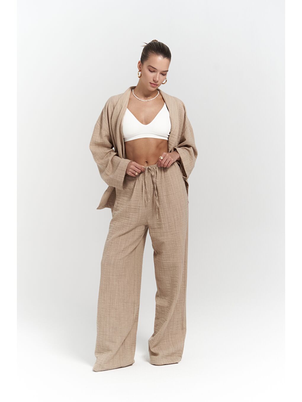 Anya Bej Kimono Pantolon Takım-4