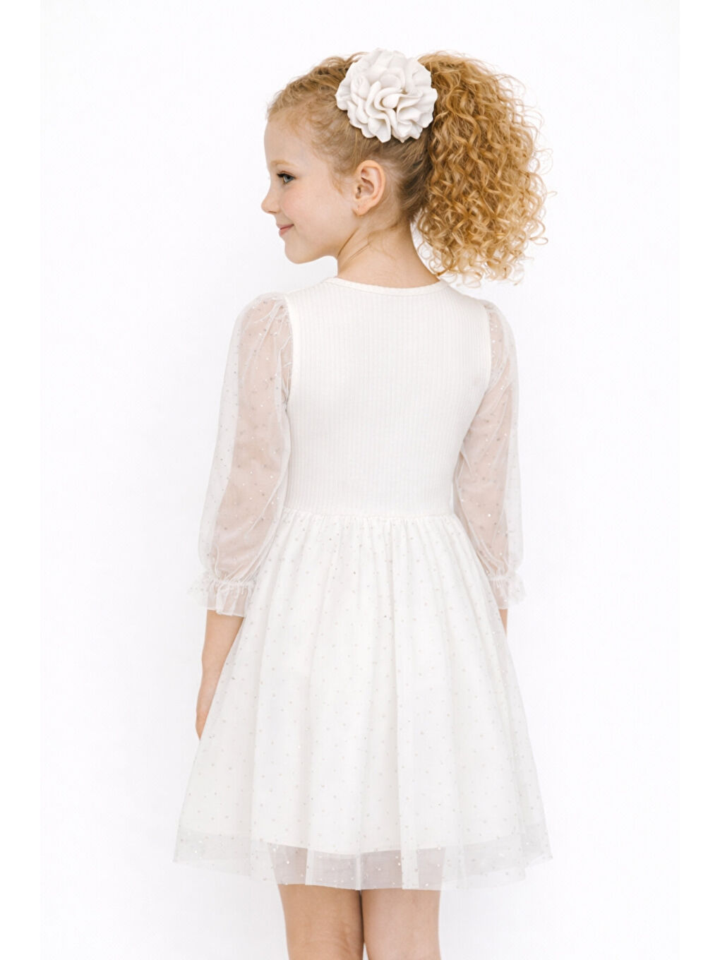 Beyaz Kız Çocuk Tül Detaylı Taş İşlemeli Prenses Model Tokalı Özel Abiye Elbise Ak2602-4