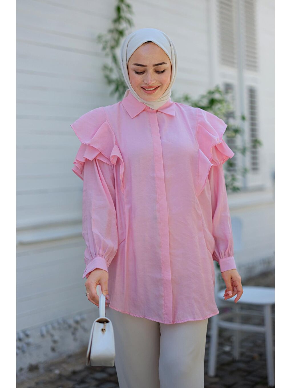 Locco Moda Pembe Gizli Düğmeli Püskül Detay Gömlek Pembe - 2