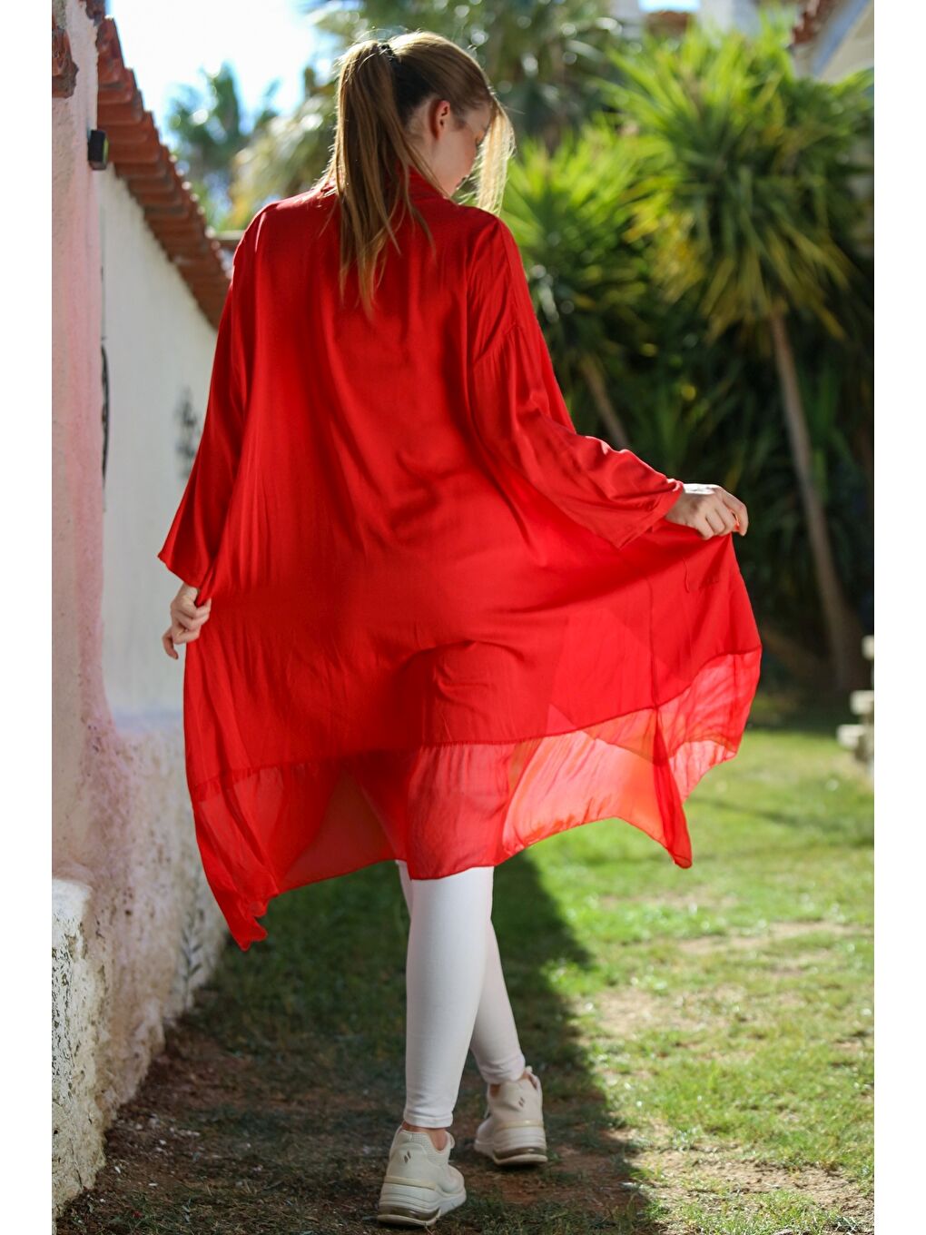 İtalyan Alev Kırmızısı Kruvaze Yaka Uzun Kol Cepli İpek Oversize Dokuma Tunik 95 75-1