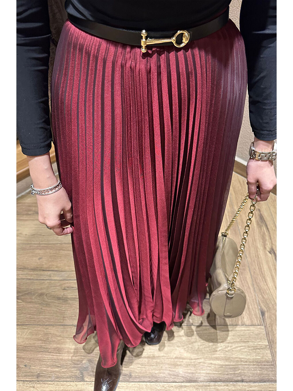Fermuar Detaylı Pileli Etek Bordo-1