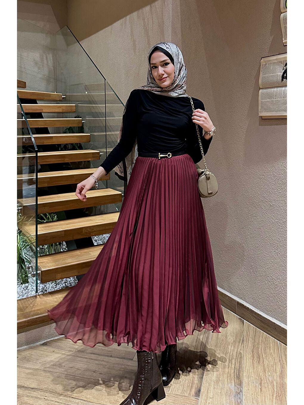 Fermuar Detaylı Pileli Etek Bordo-2