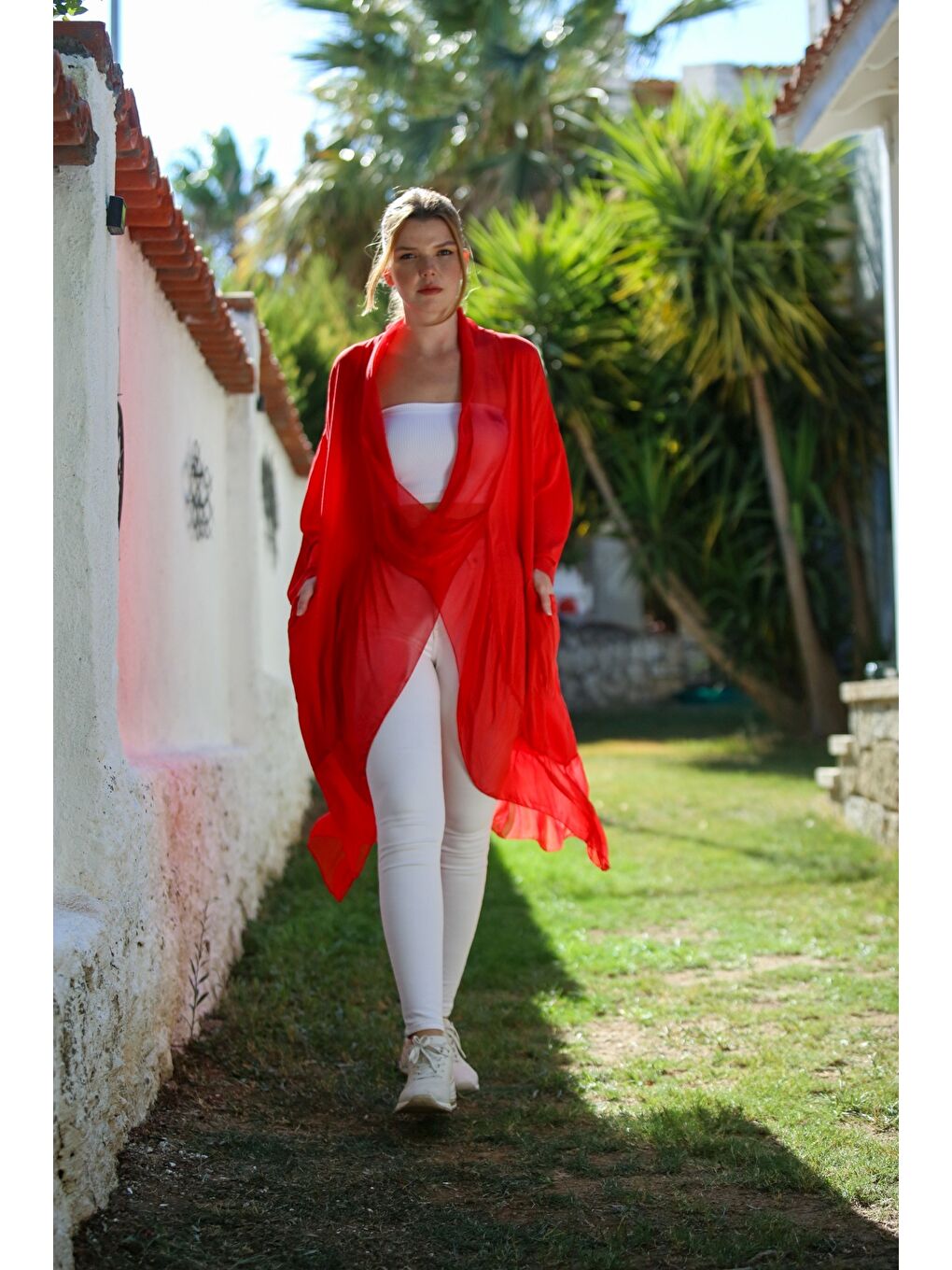 İtalyan Alev Kırmızısı Kruvaze Yaka Uzun Kol Cepli İpek Oversize Dokuma Tunik 95 75-3