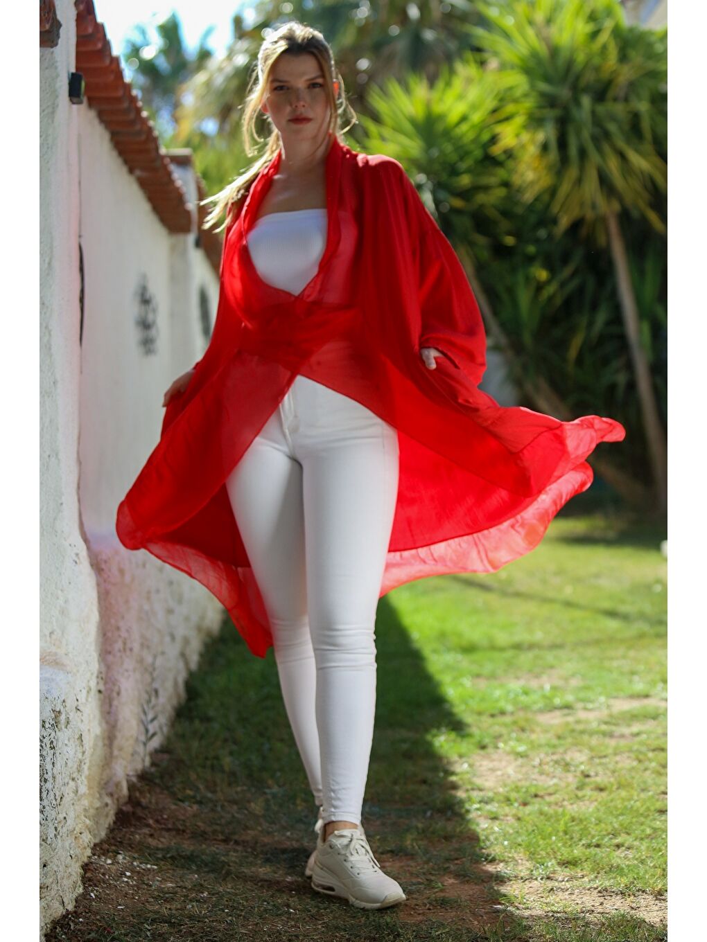 İtalyan Alev Kırmızısı Kruvaze Yaka Uzun Kol Cepli İpek Oversize Dokuma Tunik 95 75-4