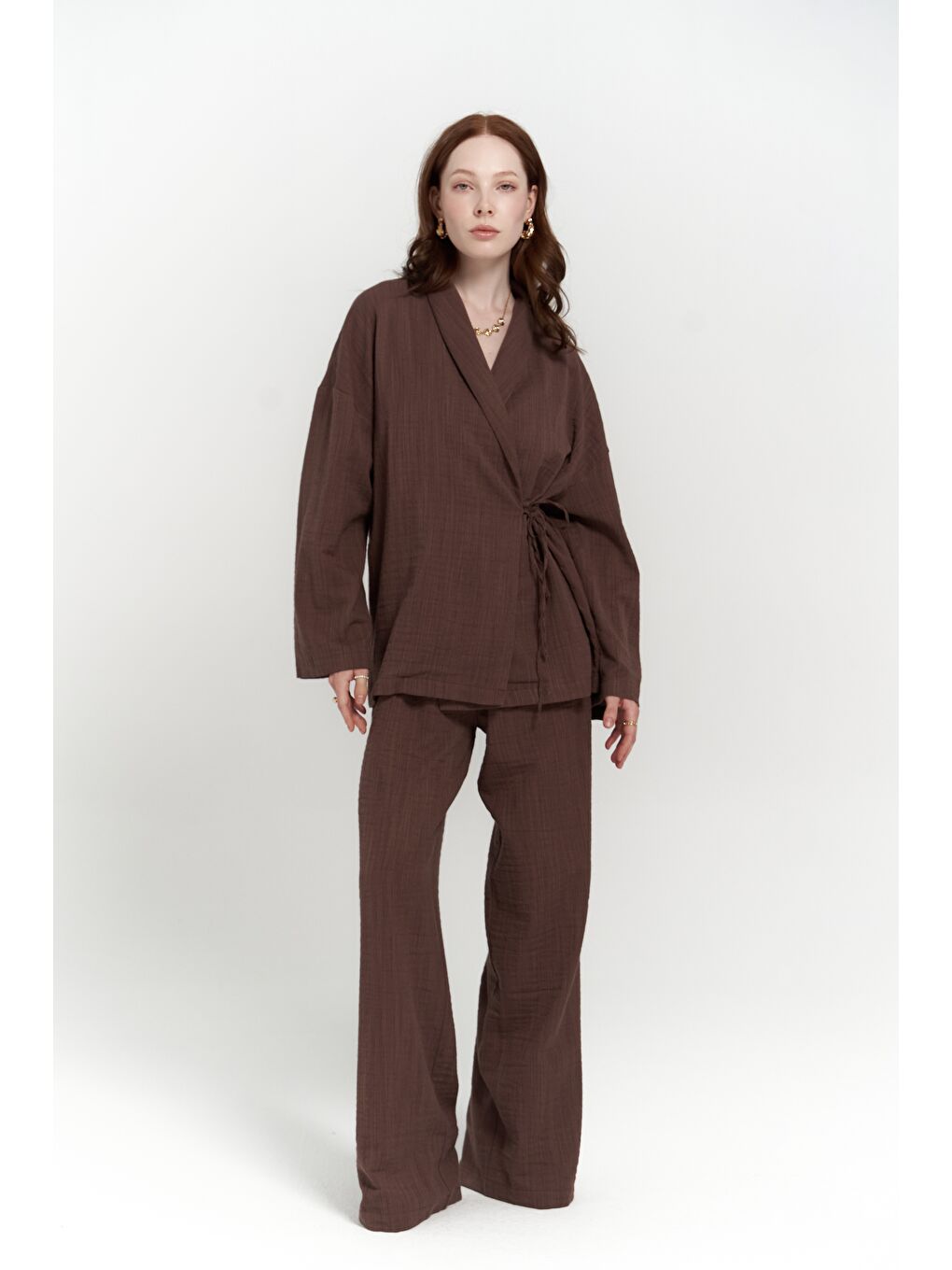 Kahverengi Anya Kahve Kimono Pantolon Takım