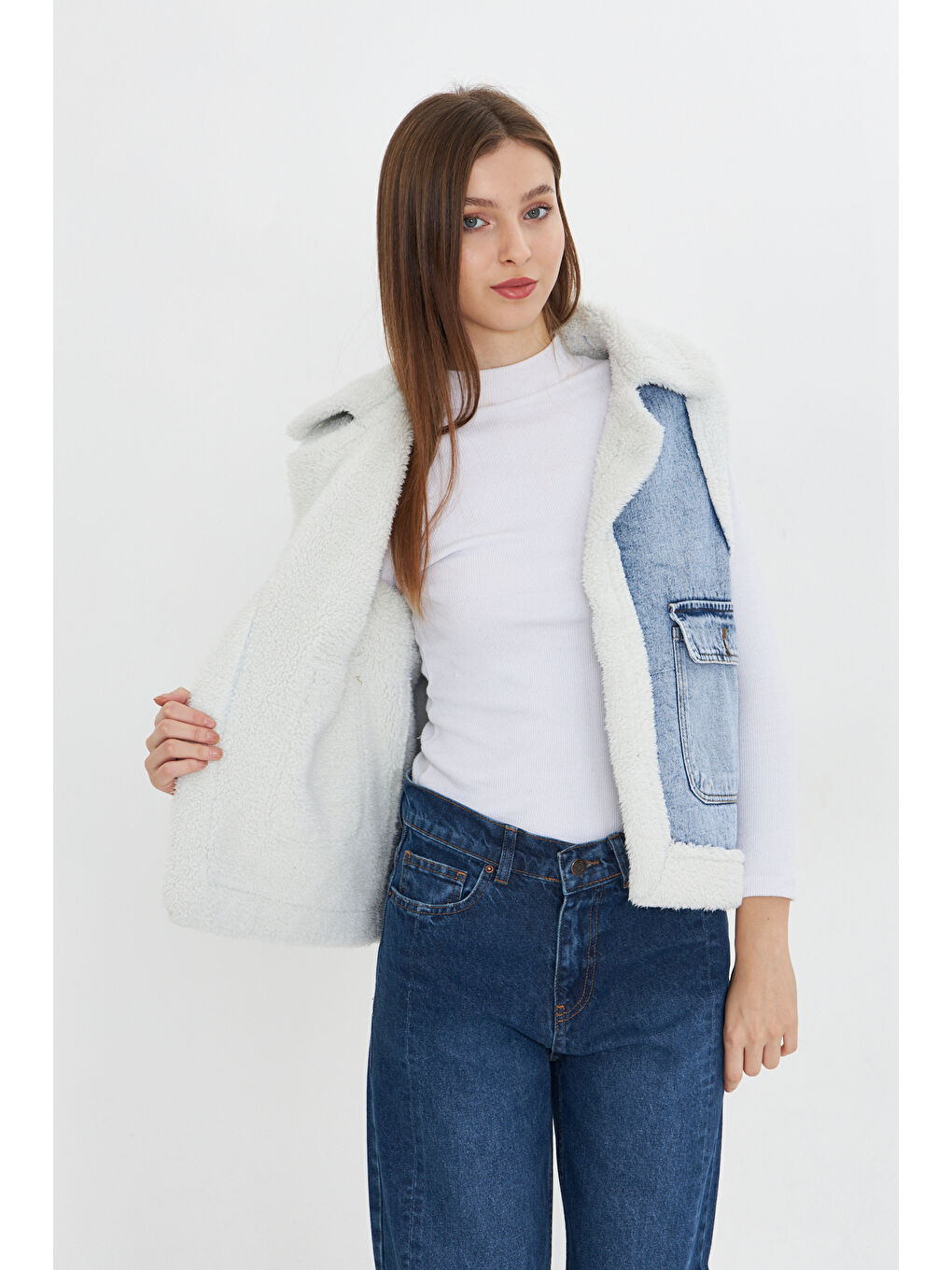 Comstar Beyaz Kadın Çift Cepli Pelüşlü Denim Yelek - 2