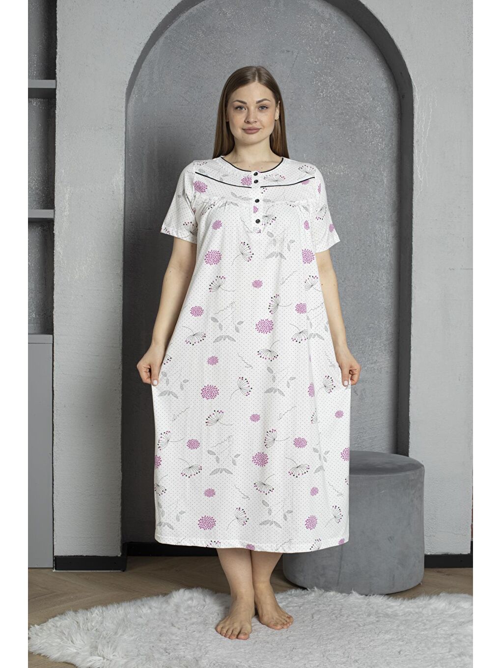 Mürdüm Düğmeli Yaka Kısa Kol %100 Pamuklu Penye Büyük Beden Anne Geceliği 1515