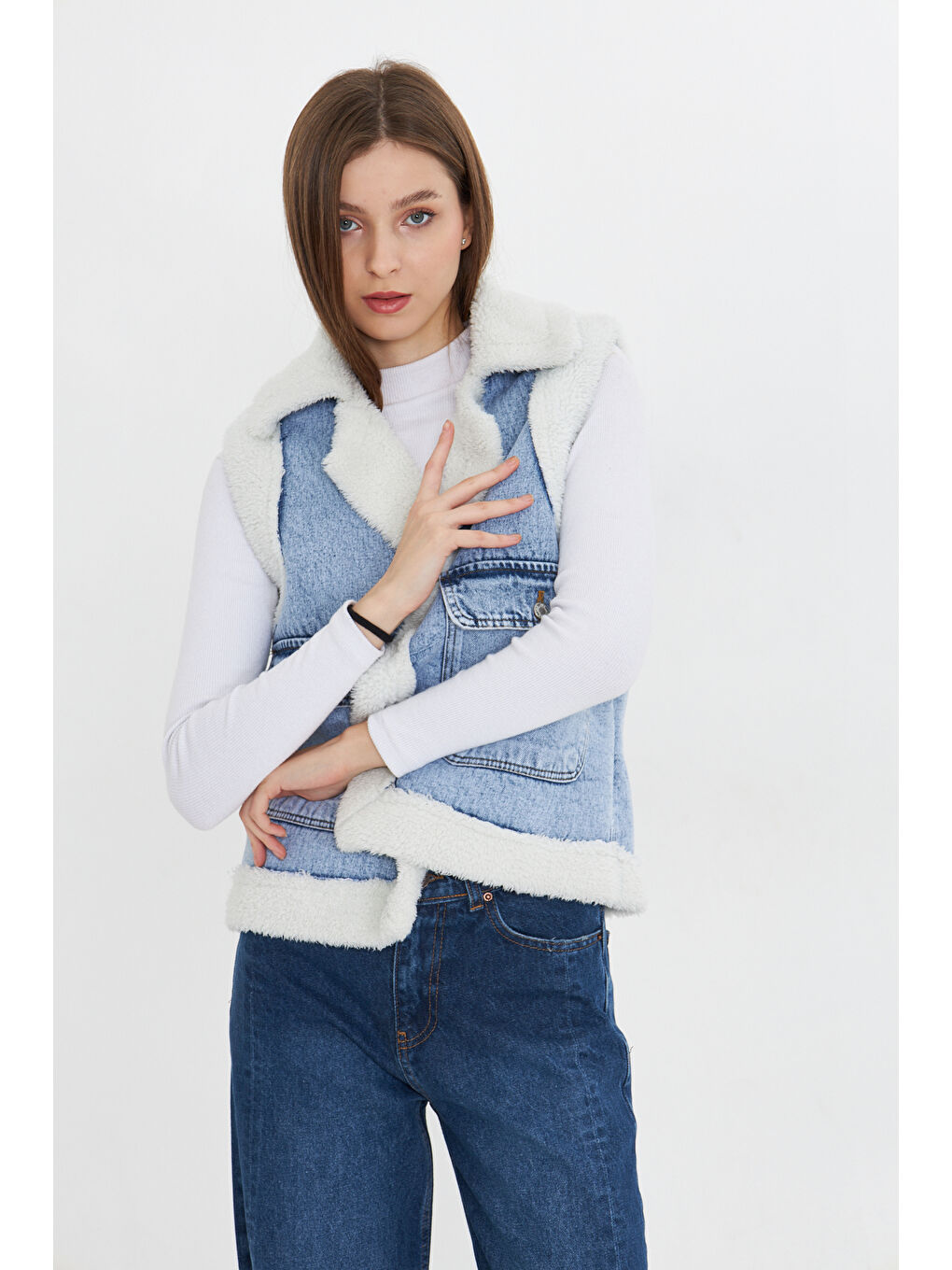 Comstar Beyaz Kadın Çift Cepli Pelüşlü Denim Yelek - 3
