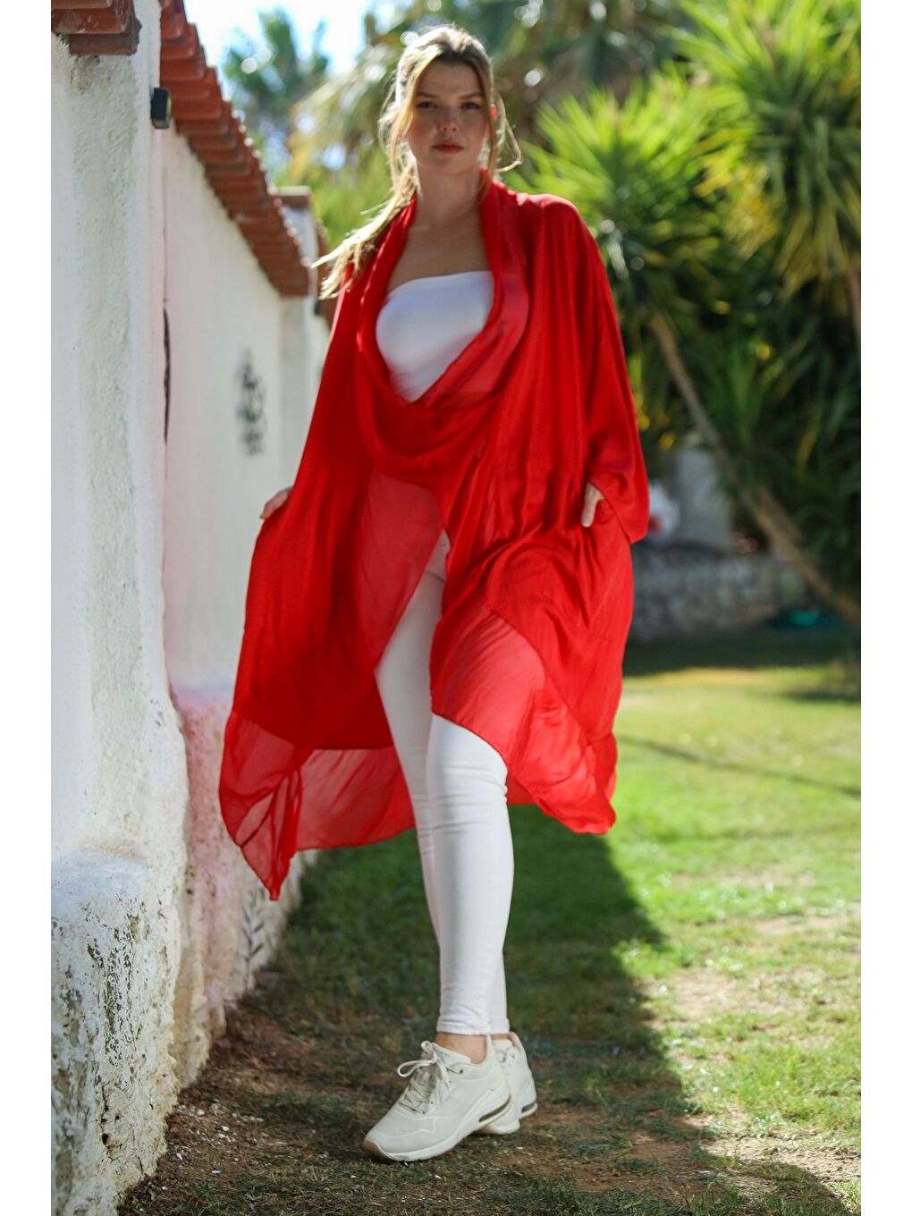 İtalyan Alev Kırmızısı Kruvaze Yaka Uzun Kol Cepli İpek Oversize Dokuma Tunik 95 75-5