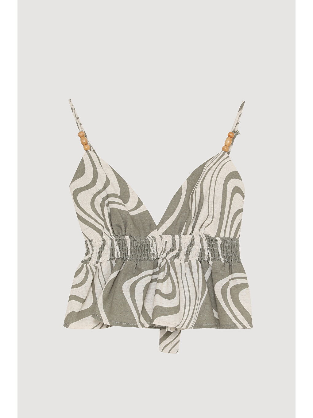 Boncuk Askılı Gipeli Crop Bluz Haki