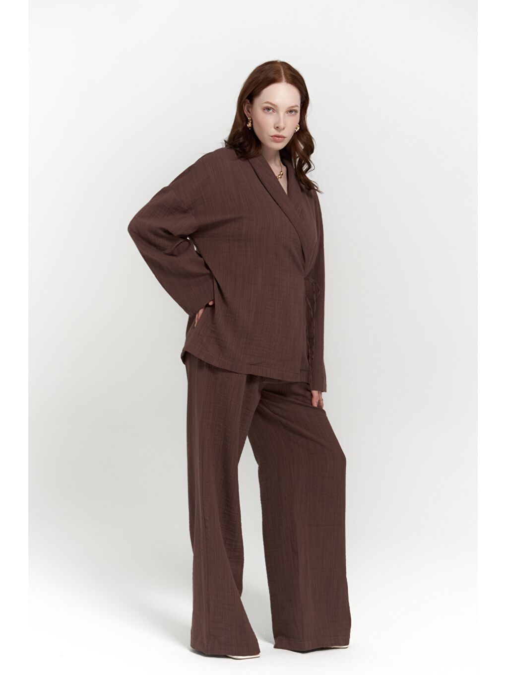 Kahverengi Anya Kahve Kimono Pantolon Takım-1