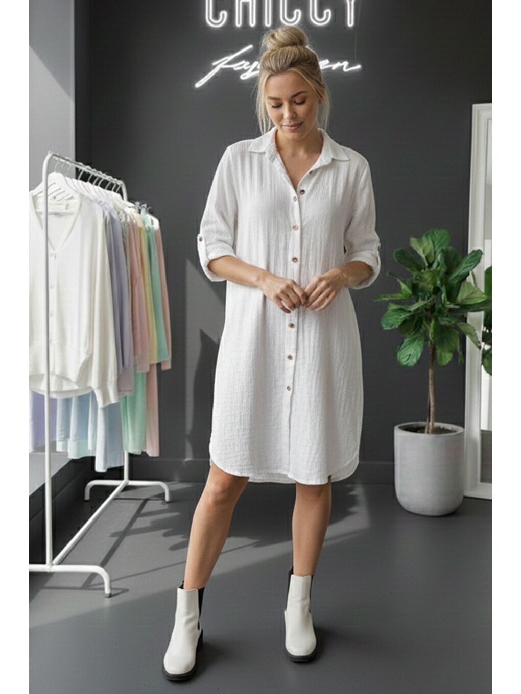 Beyaz Gömlek Yaka Düğmeli Uzun Kollu Düğmeli Casual Müslin Dokuma Gömlek Elbise 105 75-1