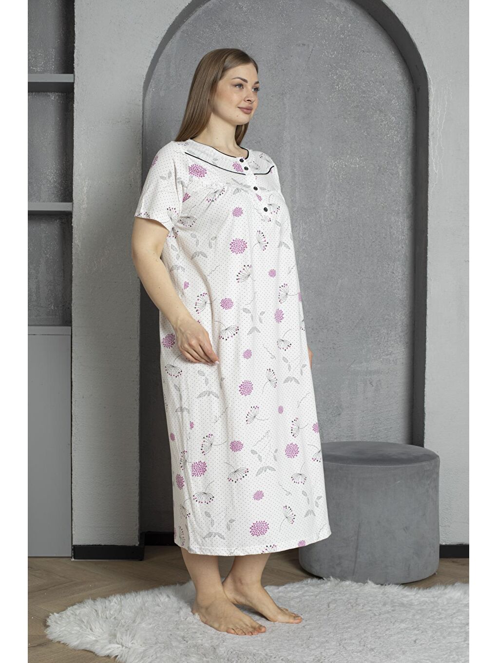 Mürdüm Düğmeli Yaka Kısa Kol %100 Pamuklu Penye Büyük Beden Anne Geceliği 1515-1